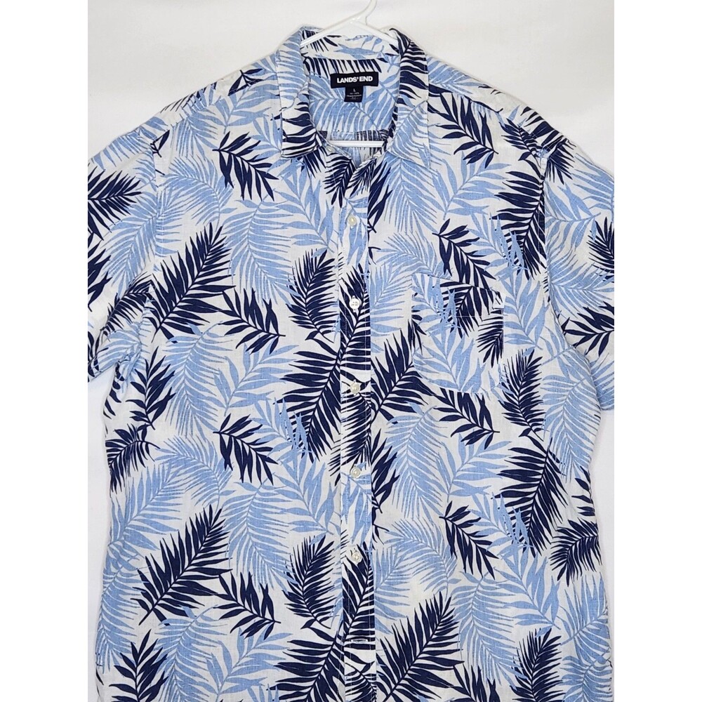 Lands' End 100% Linen Short Sleeve Tropical Palm Button Down Shirt Men's Large - Picture 2 of 9